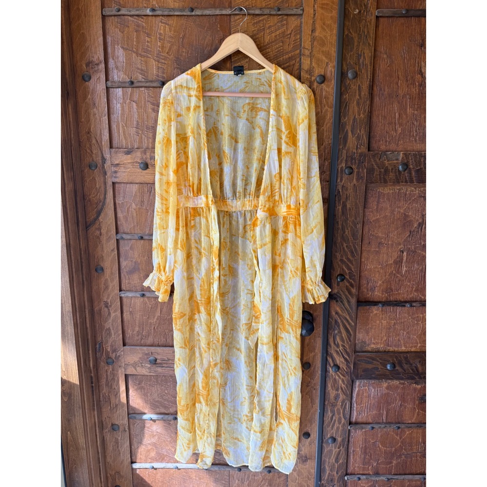 Express Yellow Orange Tropical Palm Sheer Maxi Duster Cardigan Cover Up S/M
